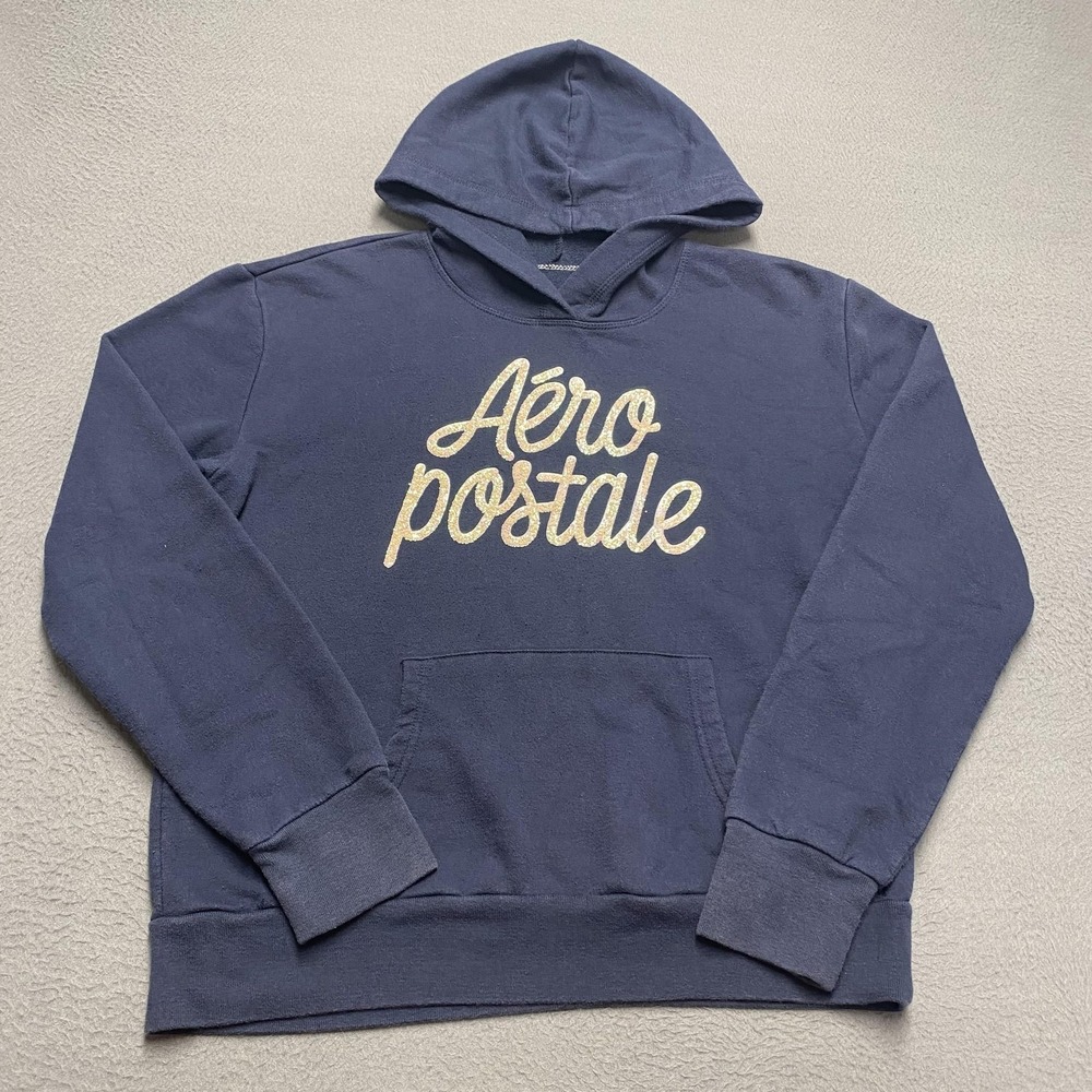 Aeropostale Hoodie Womens Large‎ Blue Pullover Sweatshirt Logo Pocket Fleece